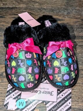 New JUICY COUTURE Checkered Icon Logo Retro House Slippers Slides M 7/8